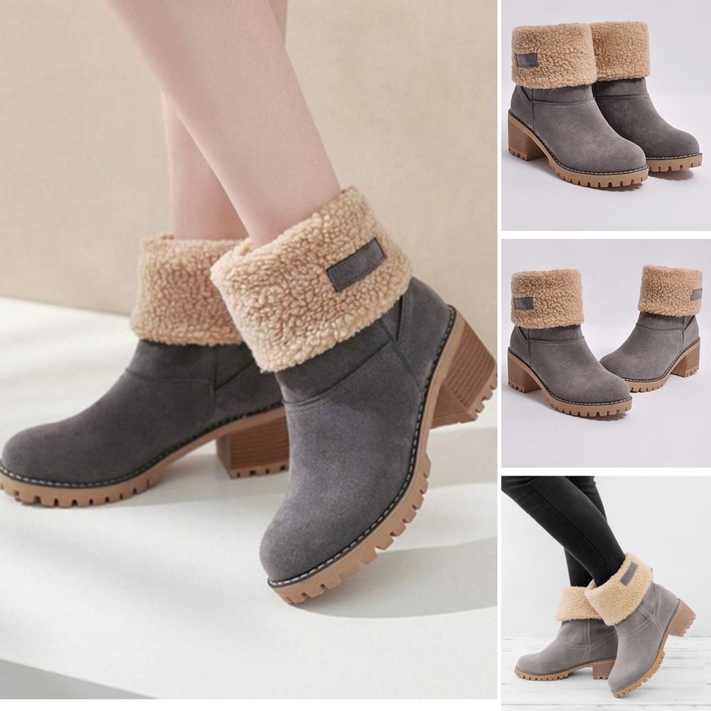 Gray Faux Sherling Fold Over Fuzzy Mid Calf Boots 5